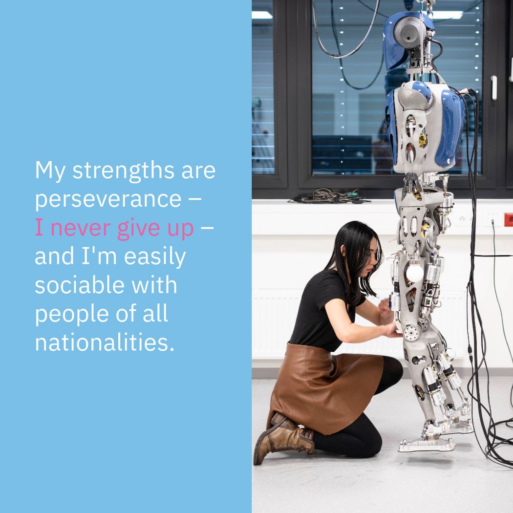 Photo of Melya working on a robot next to the following quote: My strengths are perseverance - I never give up and I'm easily sociable with people of all nationalities.
