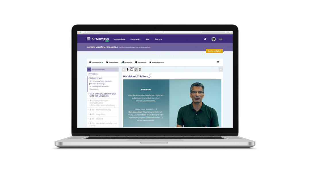 KI-Campus visualisation. There is a laptop showing a presentation on the KI-Campus website. On the right side of the screen is a picture of Prof. Krüger. He is smiling.