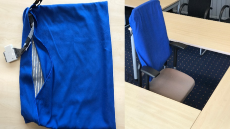 Office chairs in blue linen which contain pressure sensors to measure body posture und movementsBürostühle im Labor mit blauen Bezügen, die Sensoren enthalten