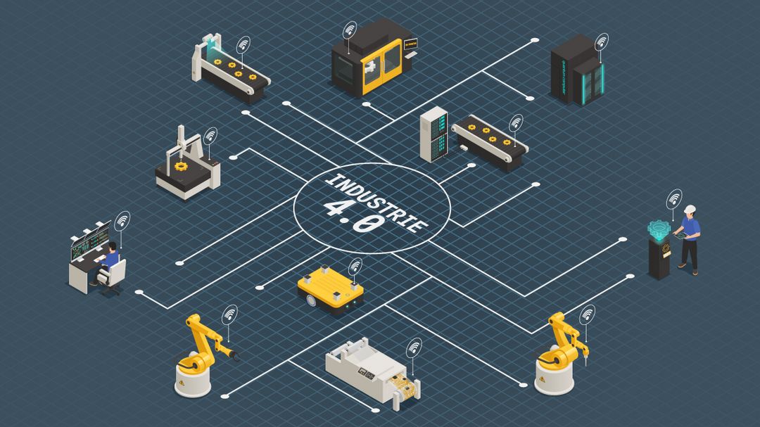 Visualisierung einer voll vernetzten Produktion unter dem Schlagwort Industrie 4.0.