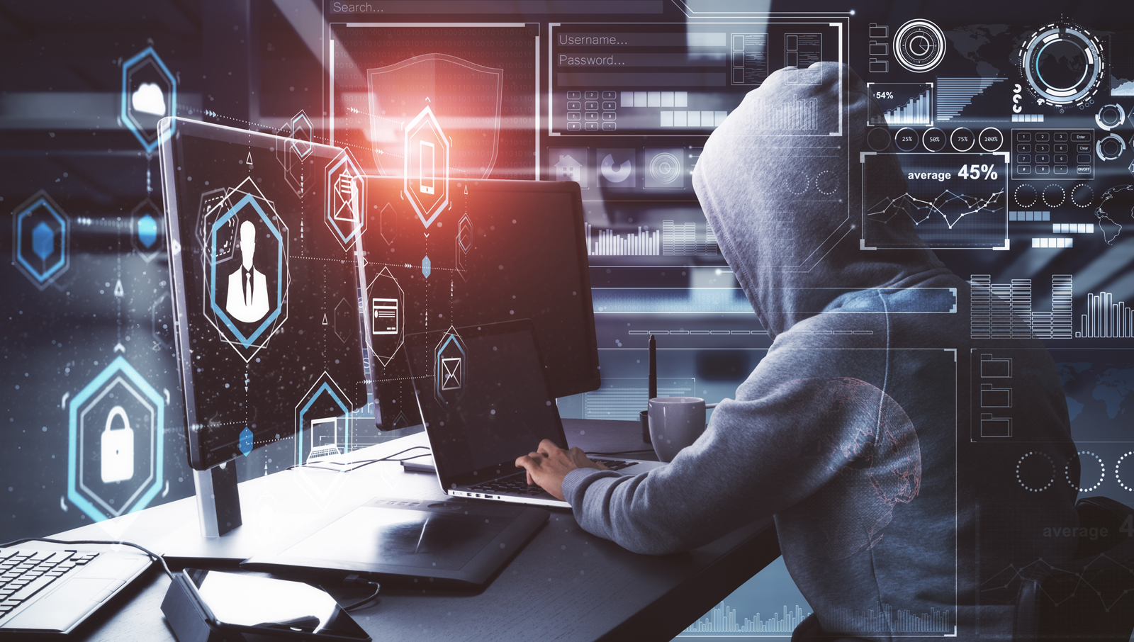 person sitting in front of a computer, with an overlay with different illustrations showing cybercrime