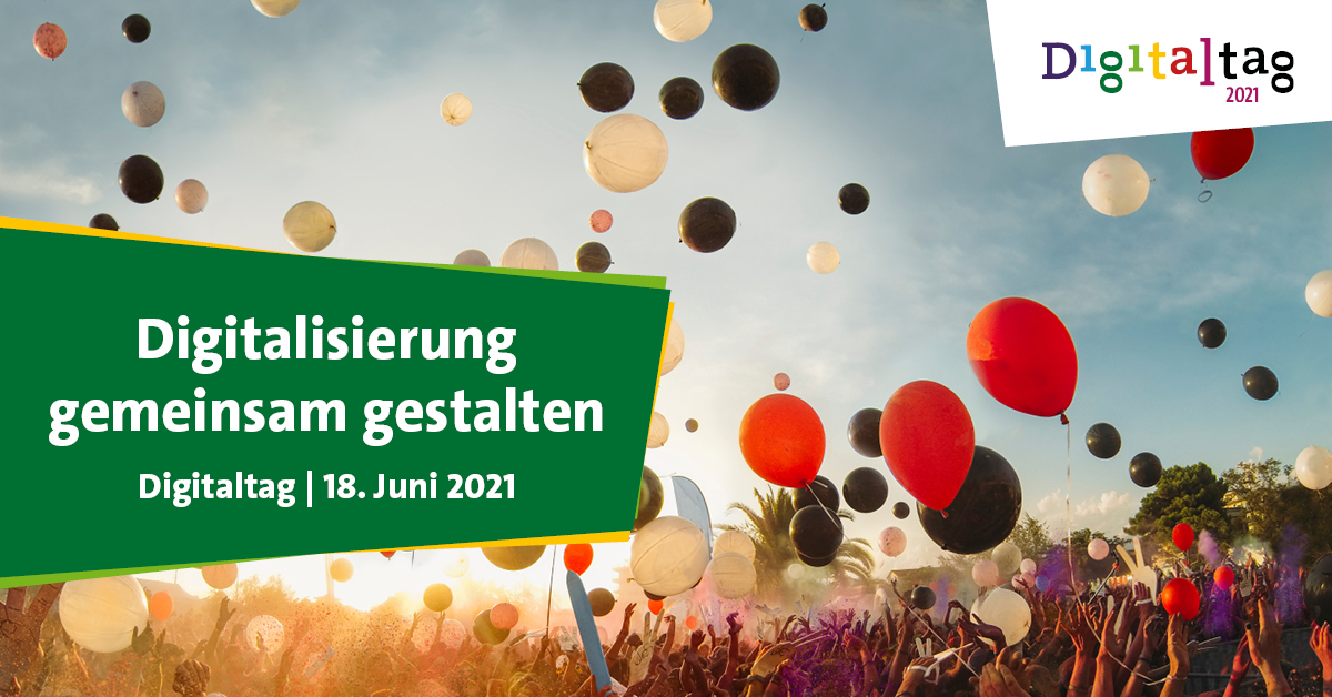 Teaser Digitaltag: Bild mit Titel und Luftballons im Hintergrund