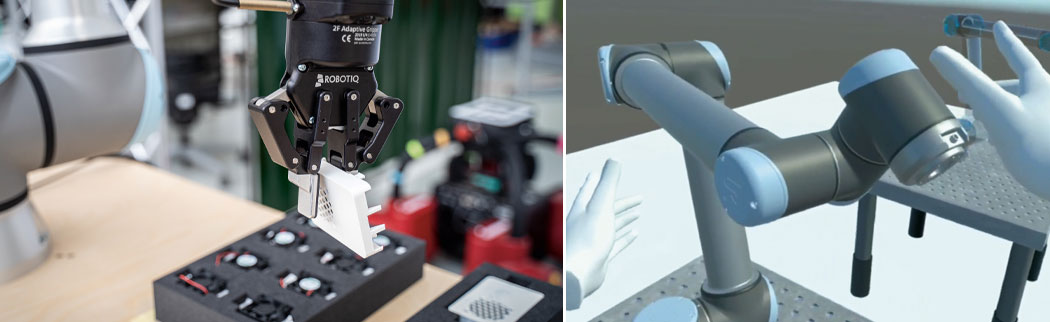 On the left, a robot arm gripping a workpiece; on the right, the robot arm in a virtual environment